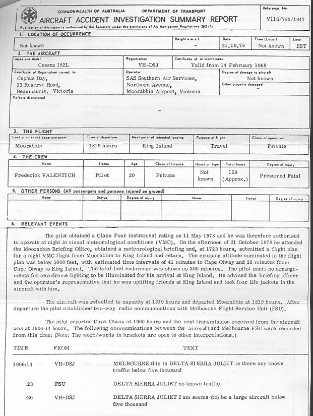 Valentich Report Page 1