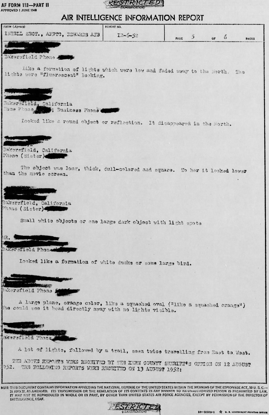 Bakersfield UFO 1952